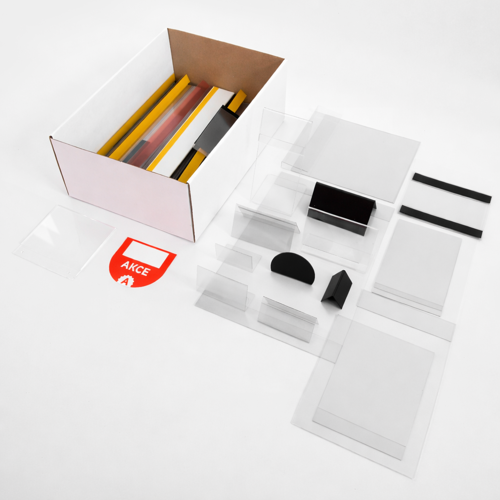 Musterbox mit unseren Produkten. Auswahl mit Schwerpunkt auf Einzelhandelsgeschäfte.