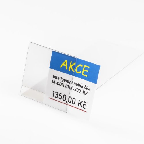 Ständer aus transparentem Kunststoff zum Einlegen eines Preisschildes - Typ PVC-S1-2- verlängert.Der Ständer hat eine verlängerte Basis.